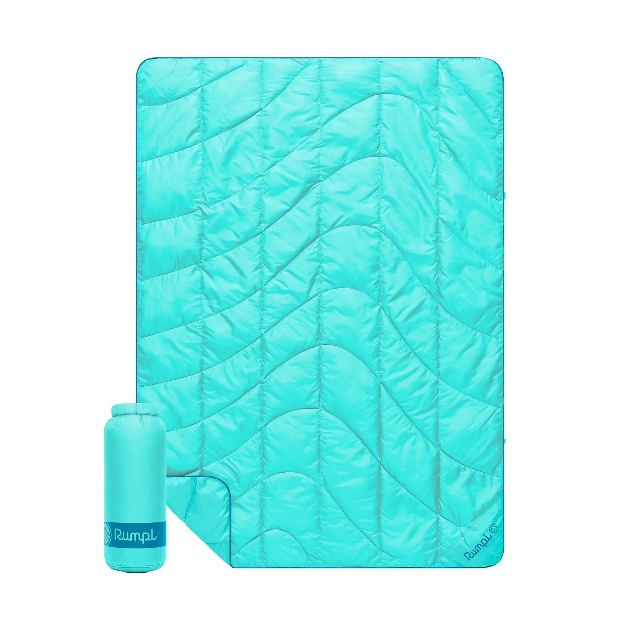 Rumpl Travel Puffy Blanket Seafoam folded compactly for easy packing