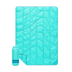 Rumpl Travel Puffy Blanket Seafoam folded compactly for easy packing