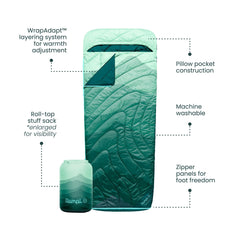 Rumpl Wrap Sack pillow-pocket hood supports head and neck comfort.