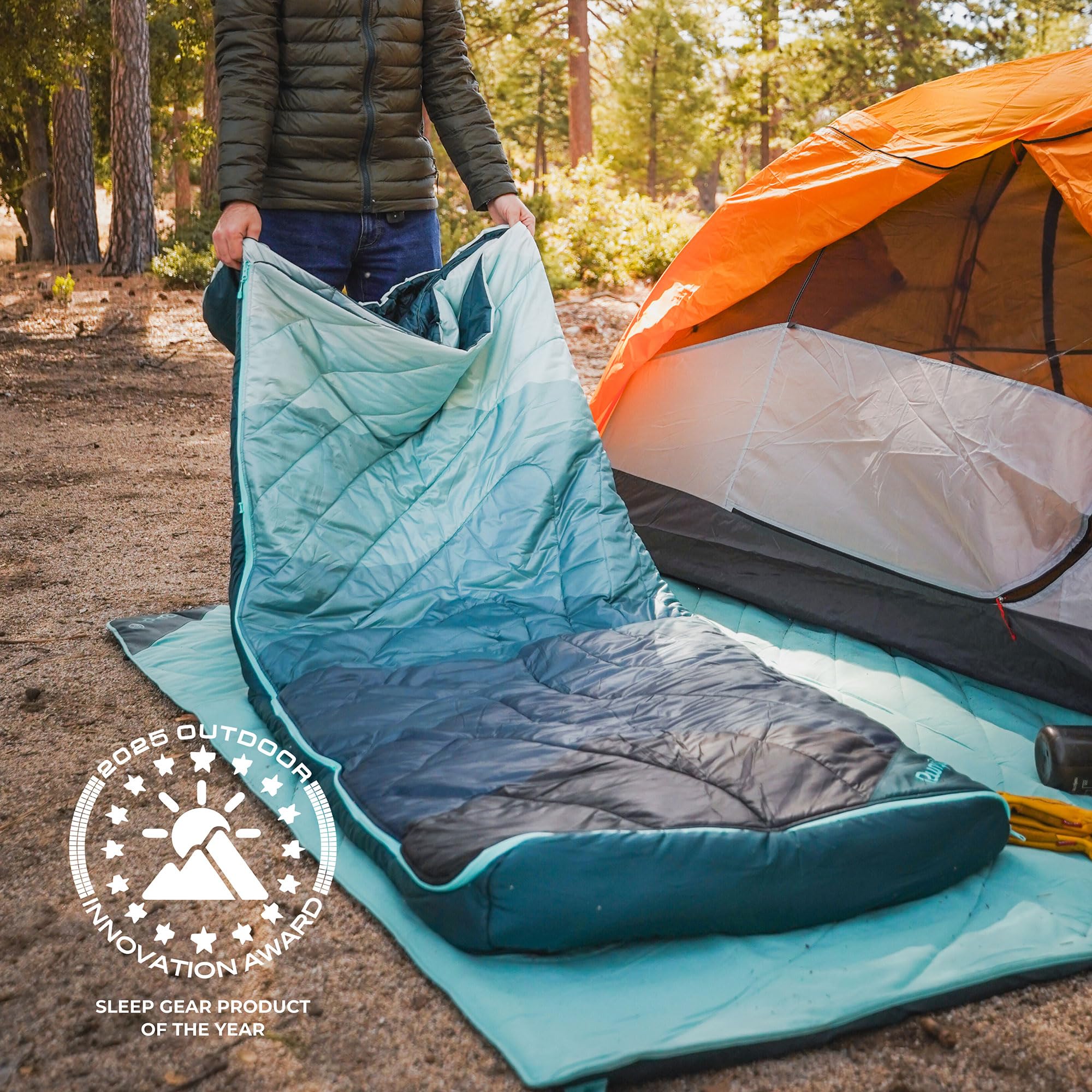 Rumpl Wrap Sack Renewaloft shell close-up reveals recycled materials and weather resistance.