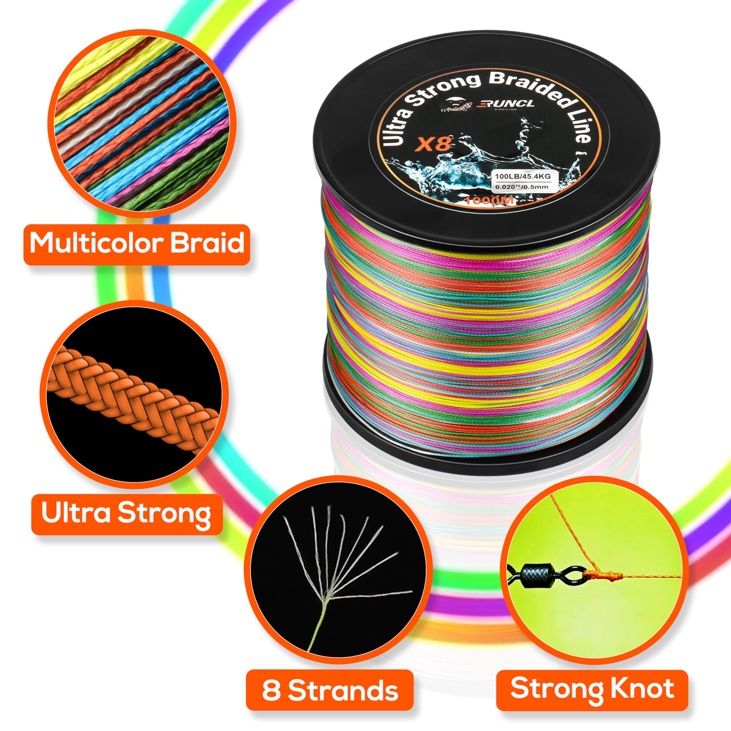 RUNCL colorfast braided line close-up with lasting UV resistance and visibility.