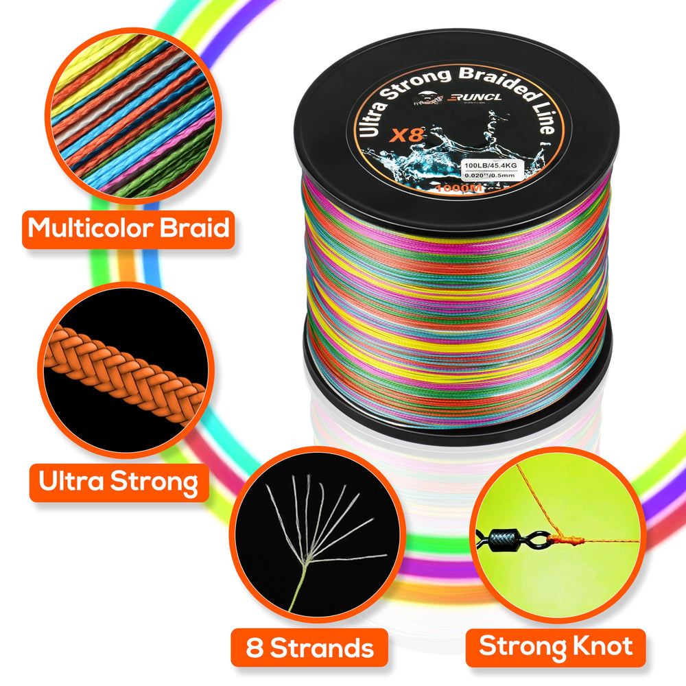 RUNCL colorfast braided line close-up with lasting UV resistance and visibility.