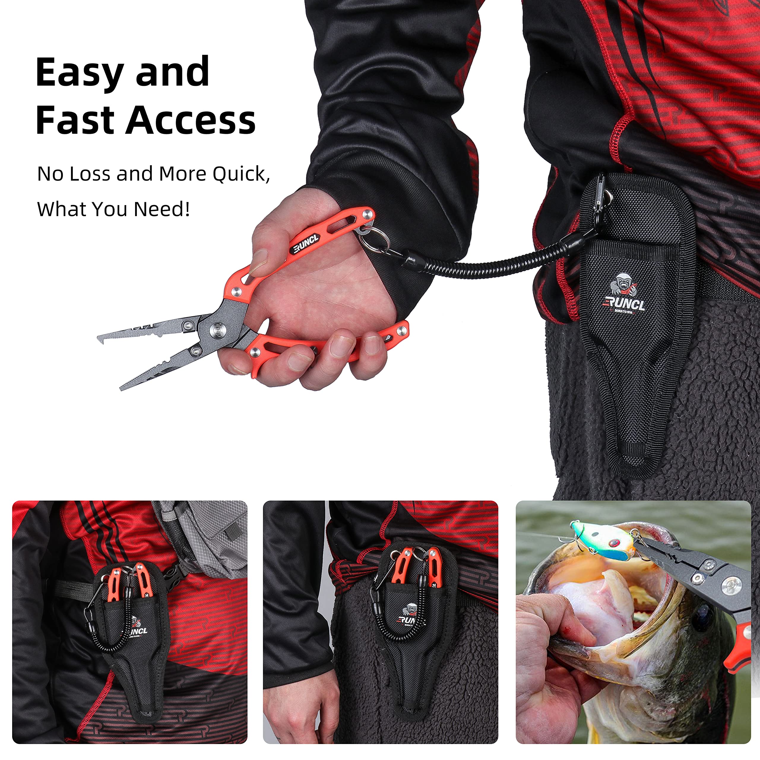 Nylon sheath, coiled lanyard, and aluminum carabiner for RUNCL kit