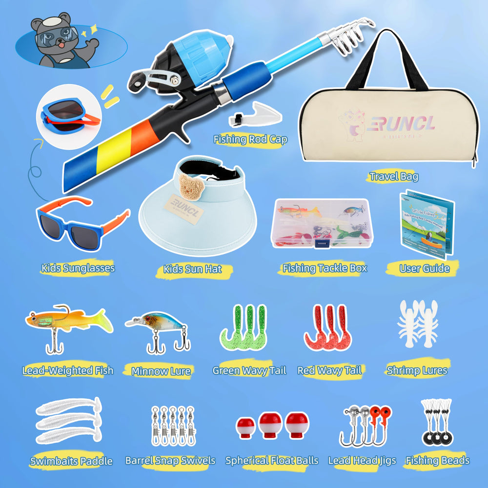 RUNCL kids-combo-kit-blue shown as complete beginner fishing set
