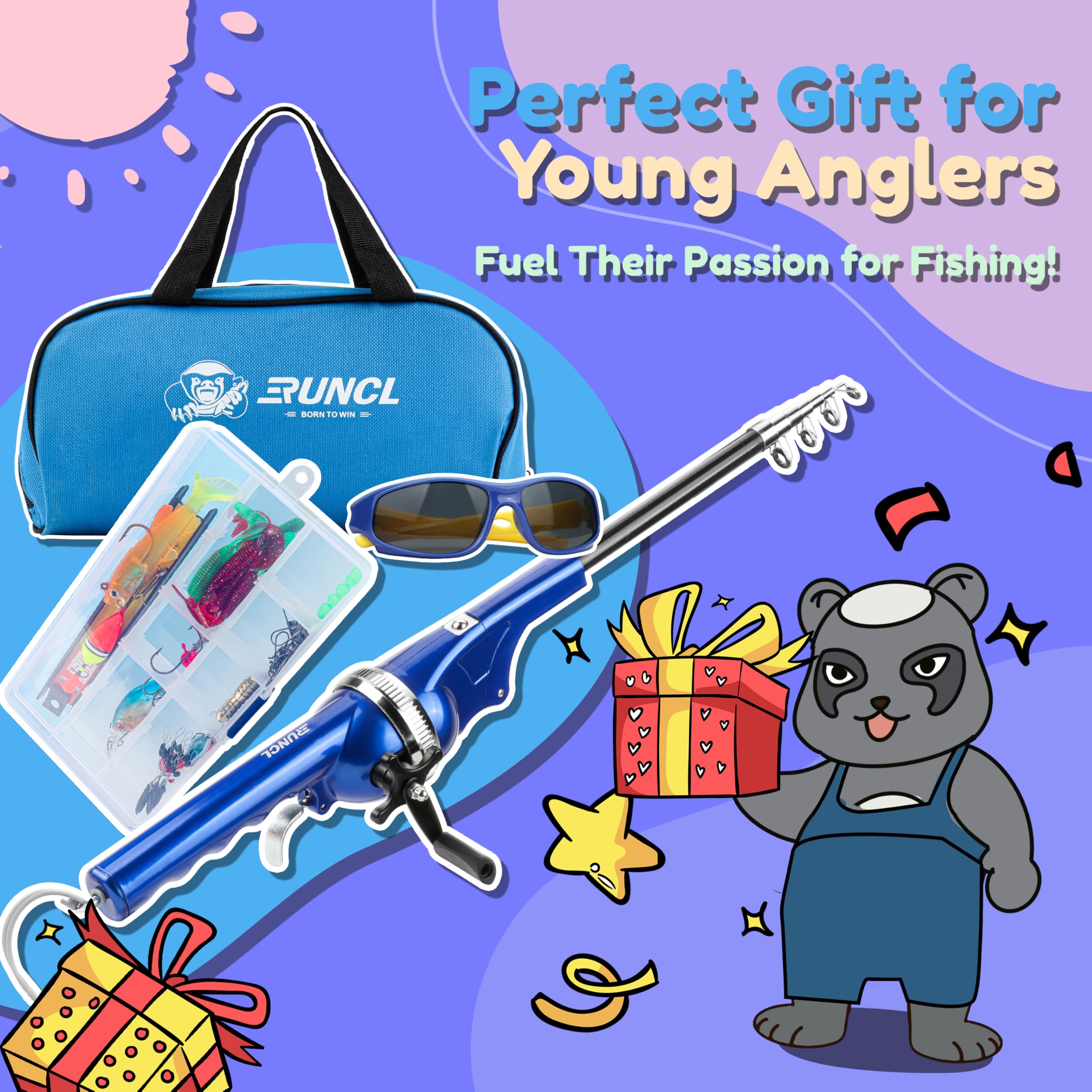 RUNCL Kids Fishing Pole Blue spincast-reel ready for quick setup and learning.