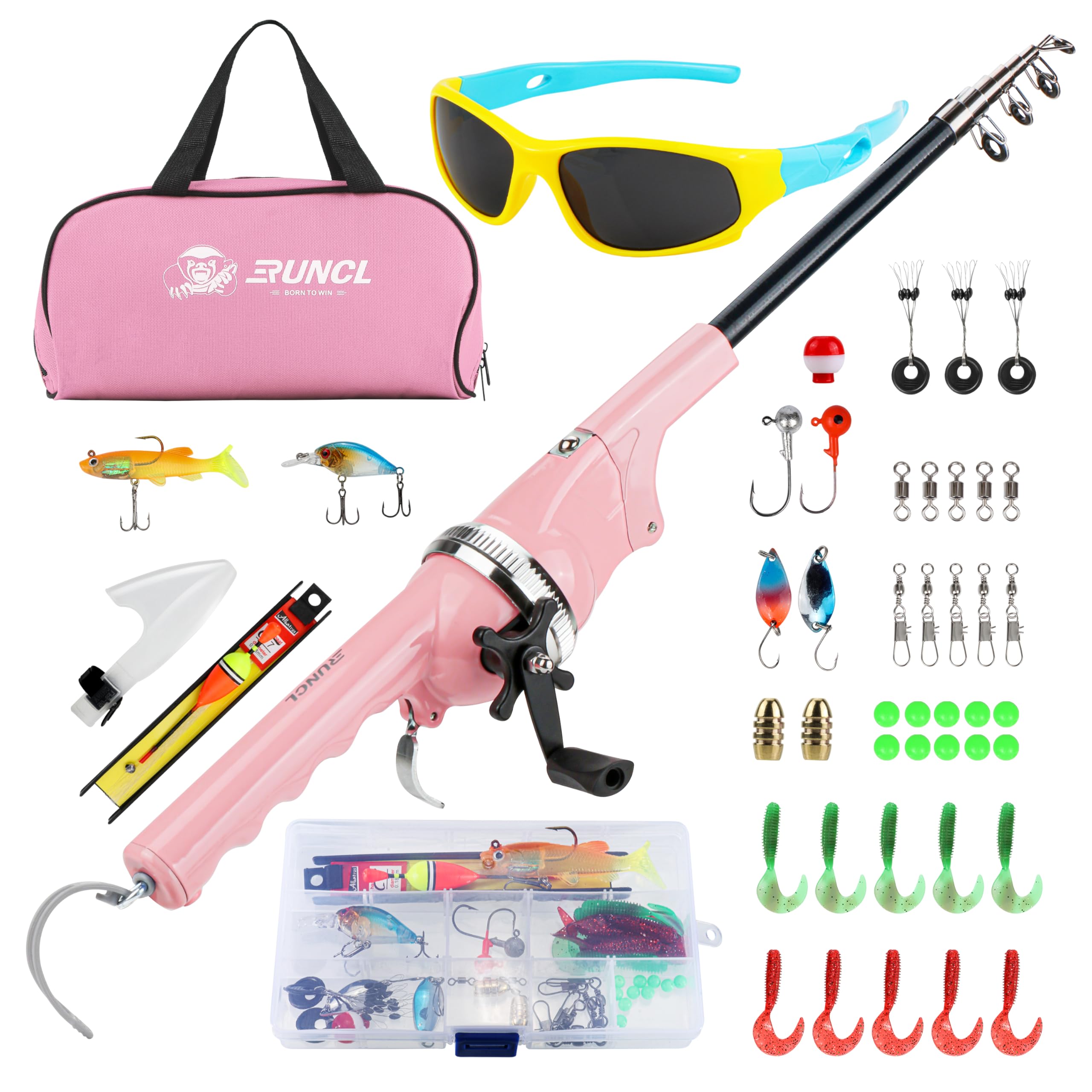 RUNCL kids fishing pole pink folded neatly for compact carry on family trips.