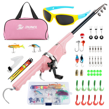 RUNCL kids fishing pole pink folded neatly for compact carry on family trips.