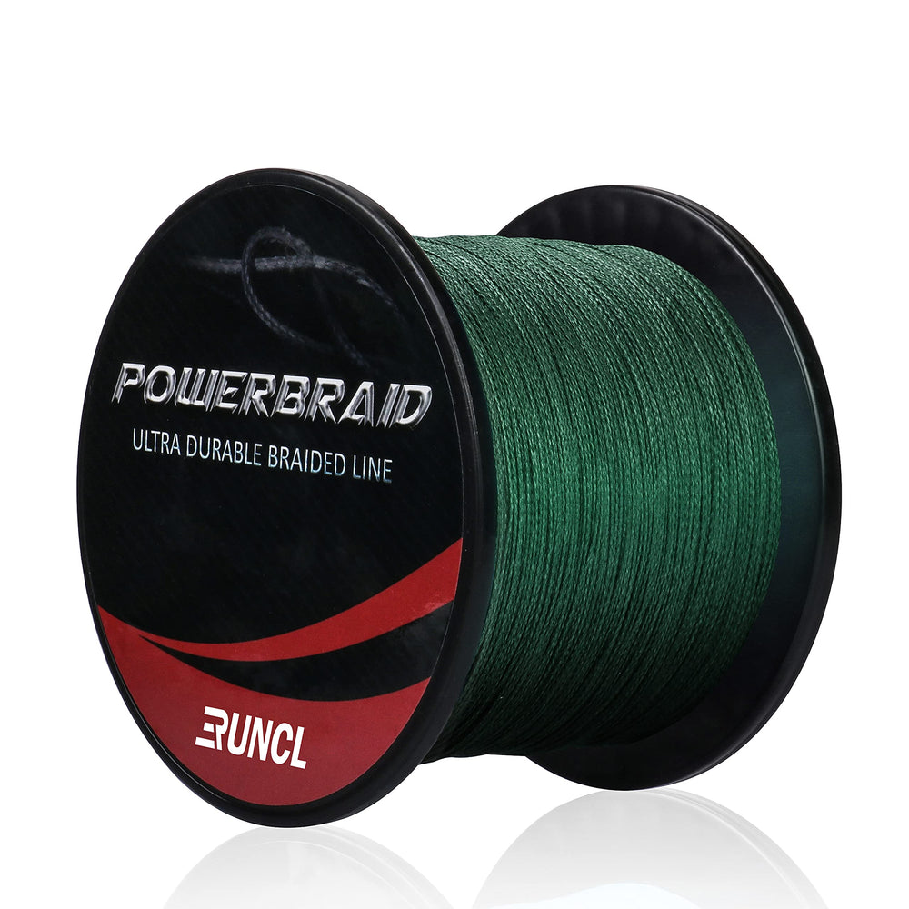 RUNCL PowerBraid spool displays 1000 yards moss green braided line for long casts.