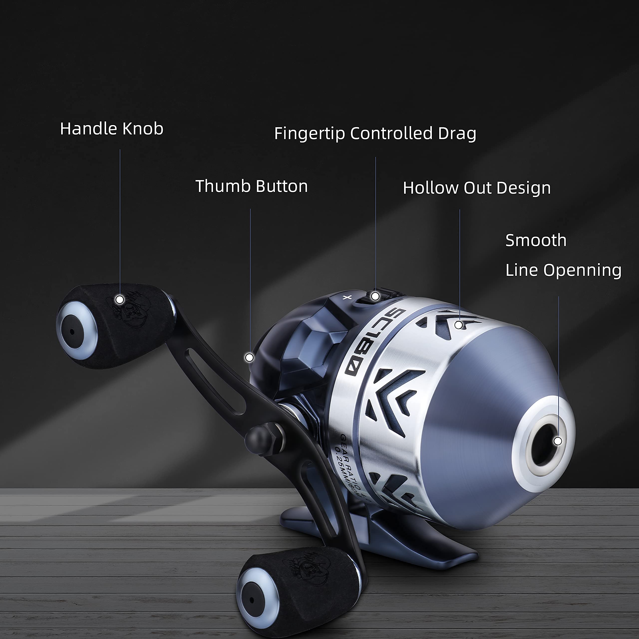 RUNCL Spincast drag knob focus reveals 17.5 lb max drag potential.