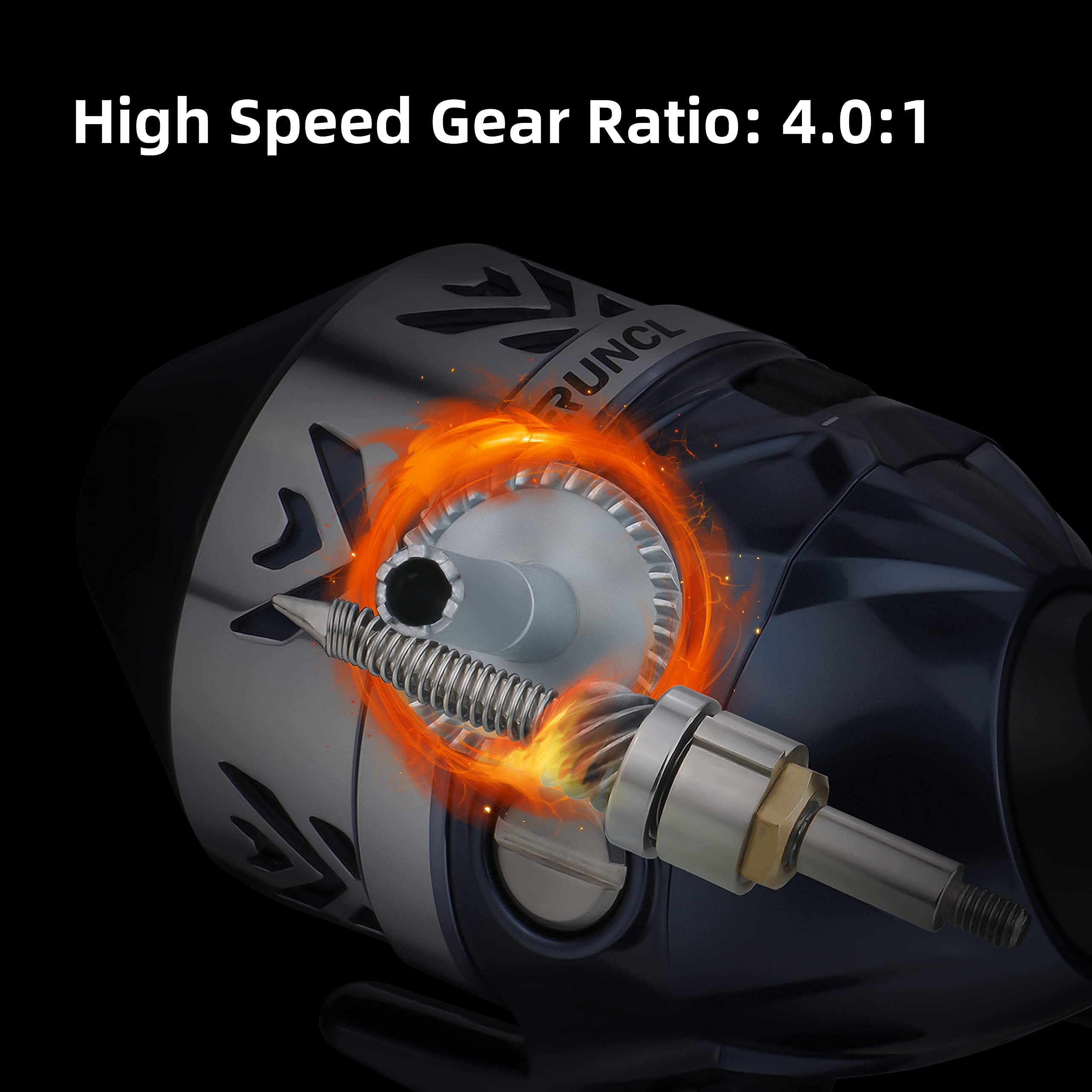 RUNCL Spincast handle detail features aluminum double paddle and rubber grips.