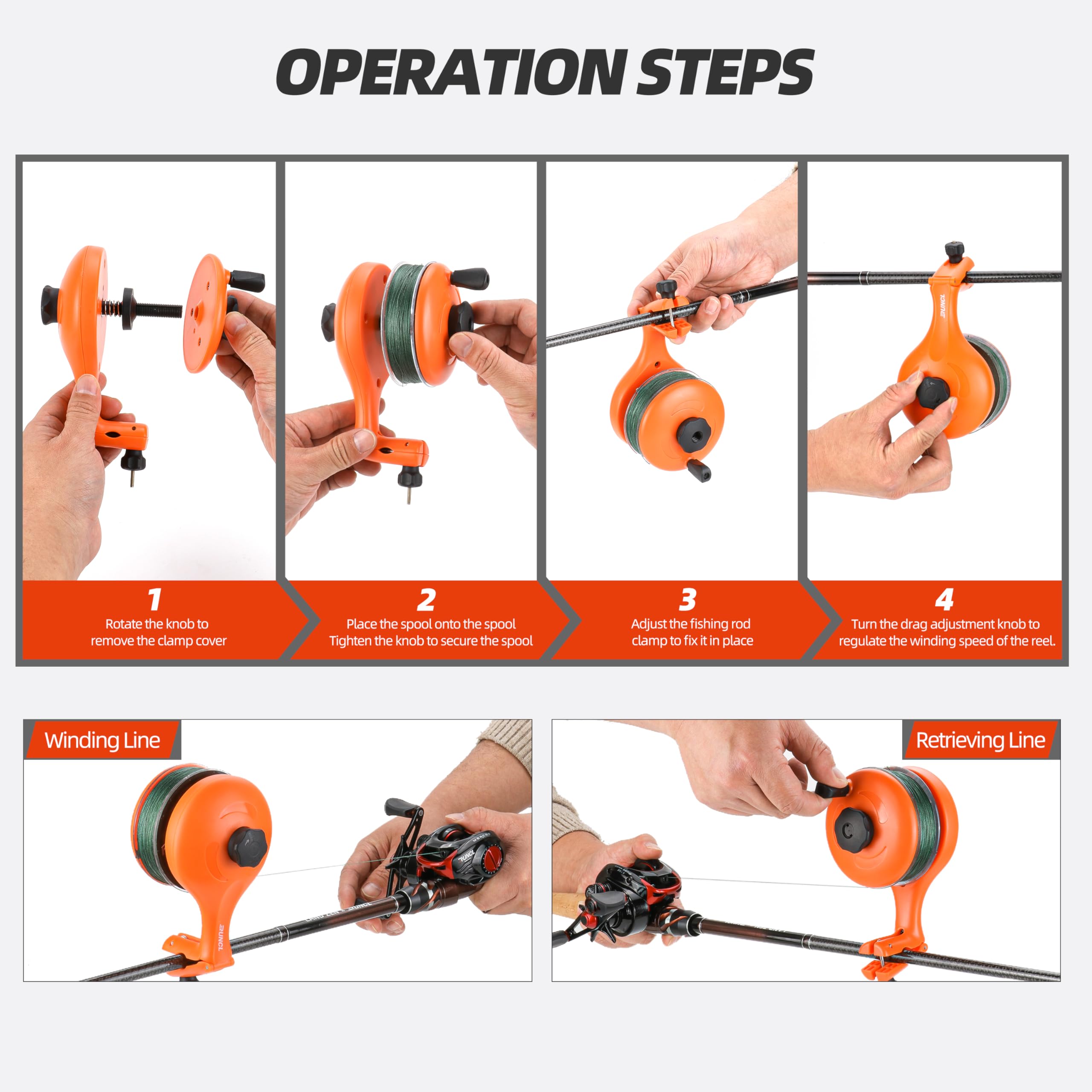 RUNCL line spooler compatible with spinning and baitcasting reels