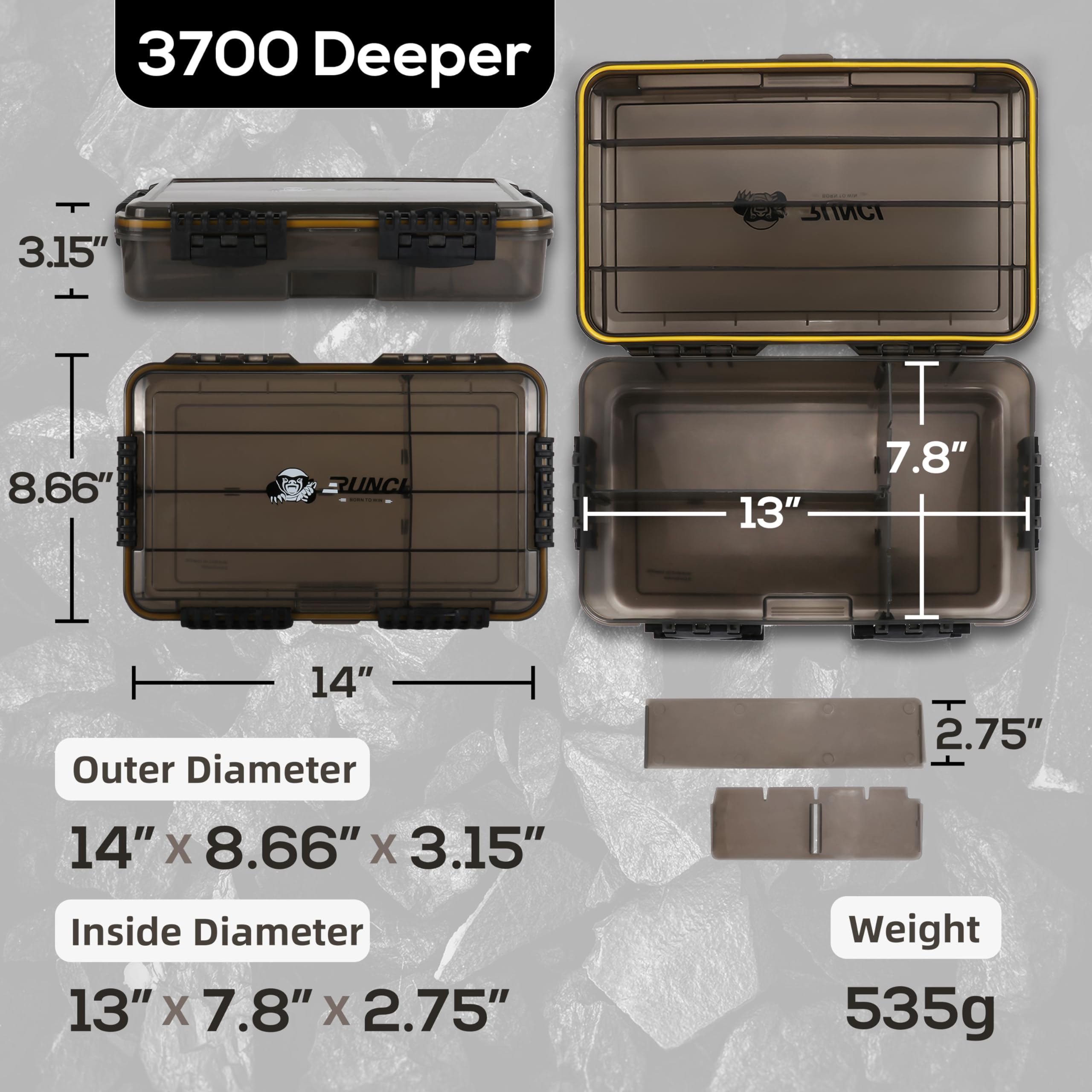 RUNCL translucent brown lid allows quick content ID while shielding lures from sun