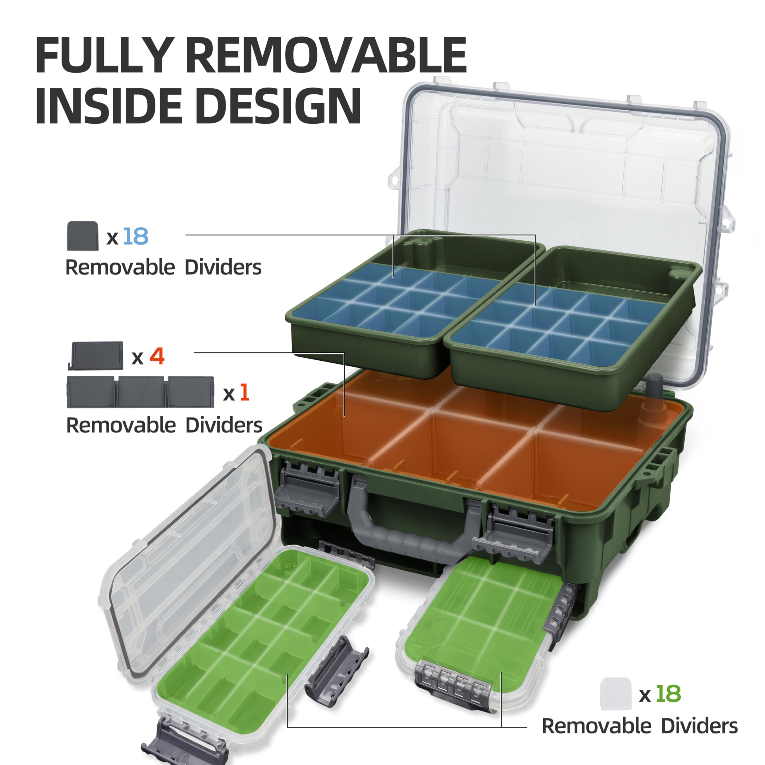 RUNCL universal tackle box inside removal design with adjustable partitions for easy item retrieval.