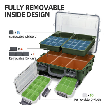 RUNCL universal tackle box inside removal design with adjustable partitions for easy item retrieval.