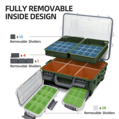 RUNCL universal tackle box inside removal design with adjustable partitions for easy item retrieval.