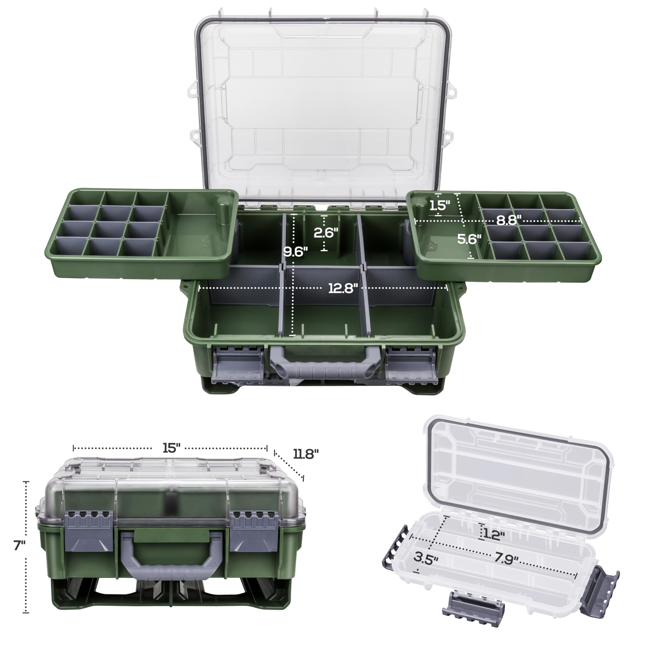 RUNCL universal tackle box lid-open storage area for quick-access compartments.