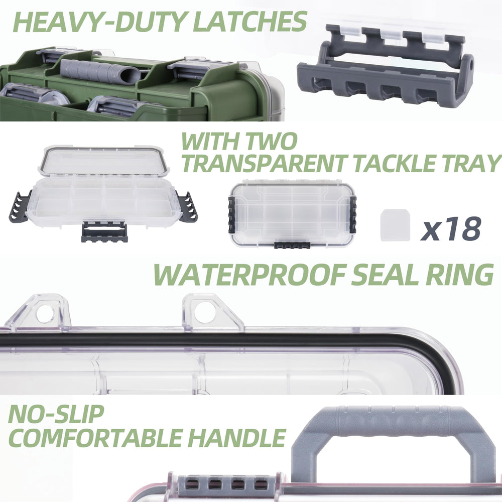 RUNCL universal tackle box sturdy latching system keeps contents secure.