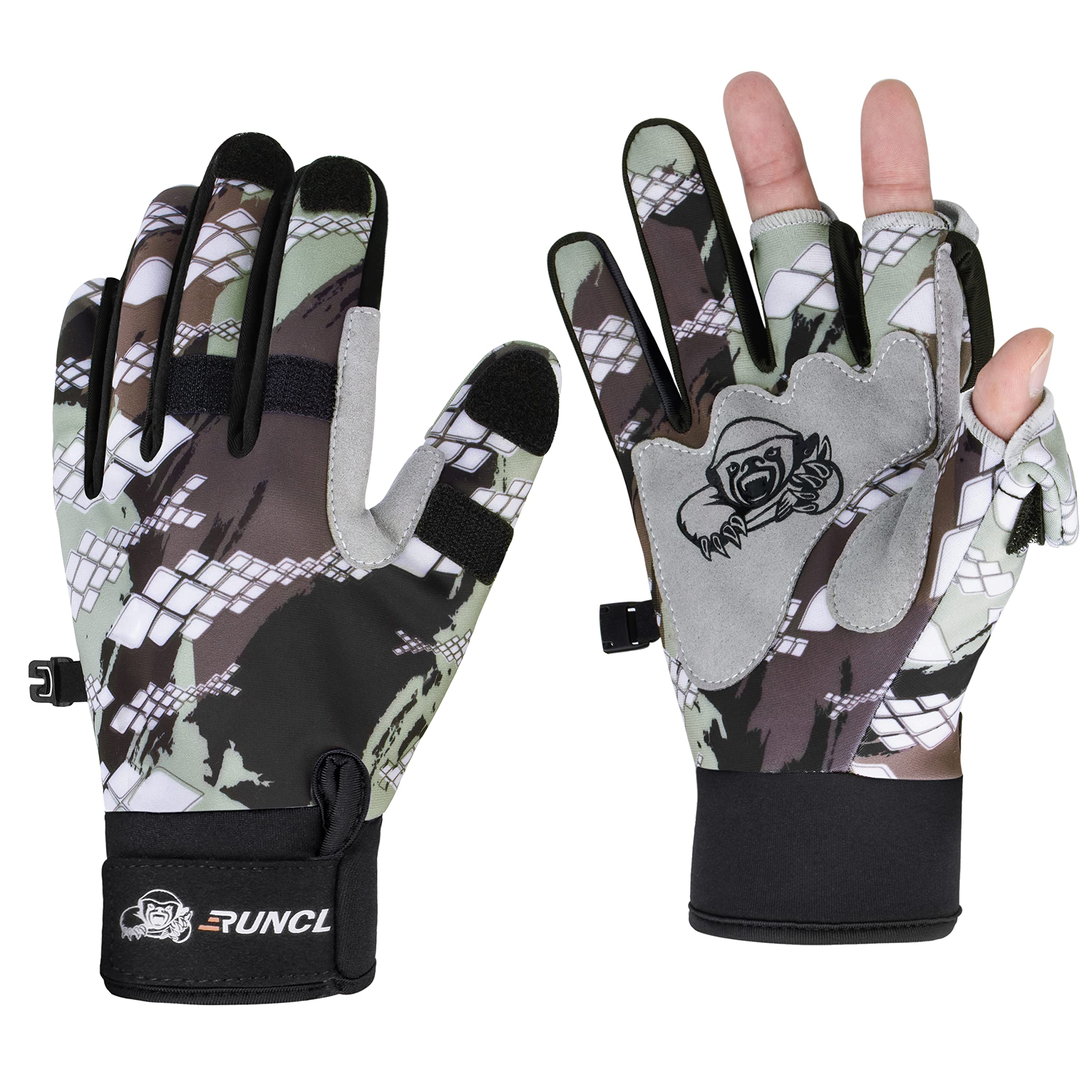 RUNCL Raguel camouflage winter fishing gloves on hand with full-to-3-cut conversion