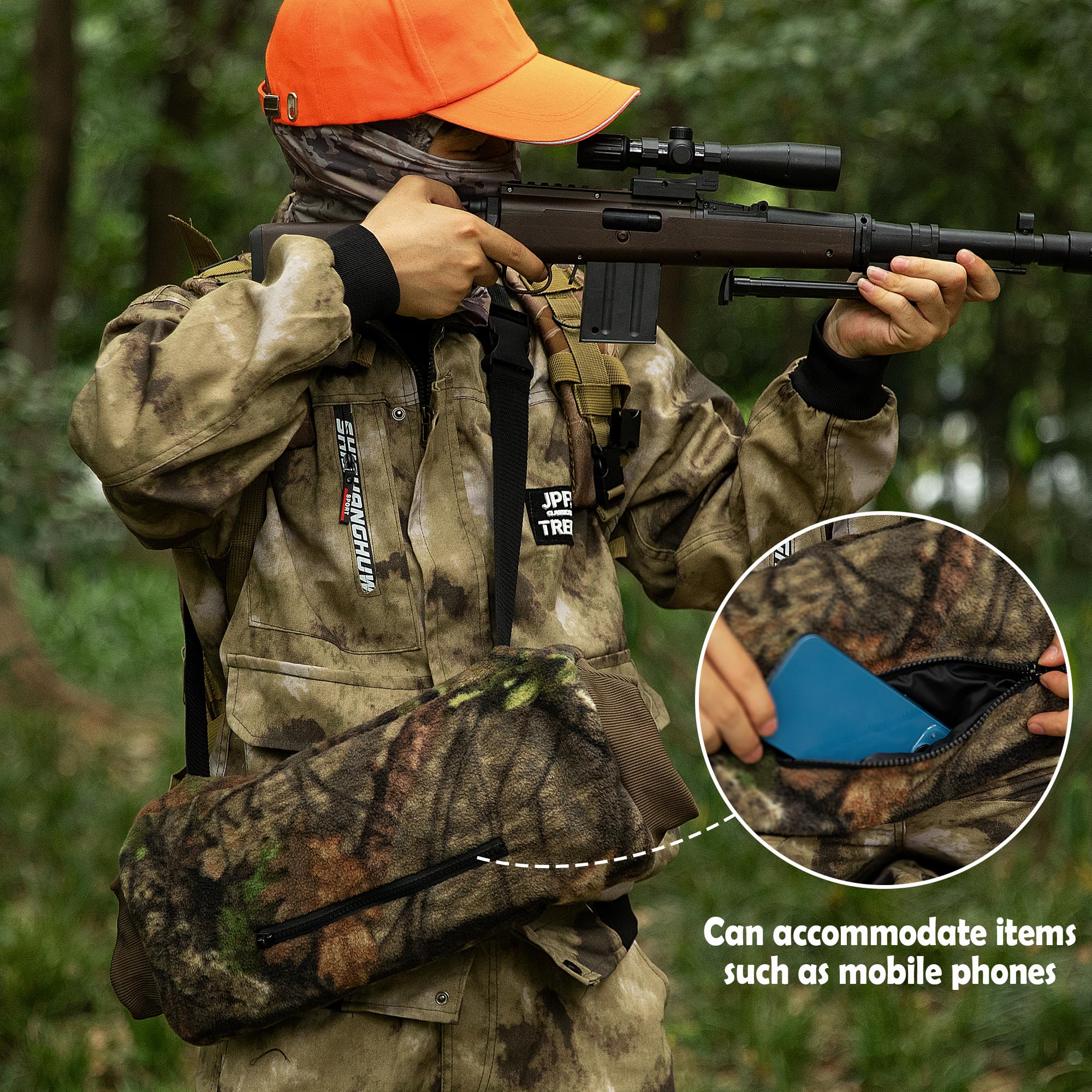 RunNico camo hand muff side-view illustrating ergonomic shape for standing or sitting.