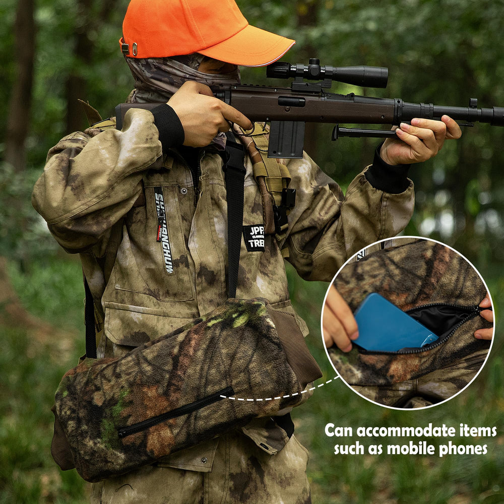 RunNico camo hand muff side-view illustrating ergonomic shape for standing or sitting.