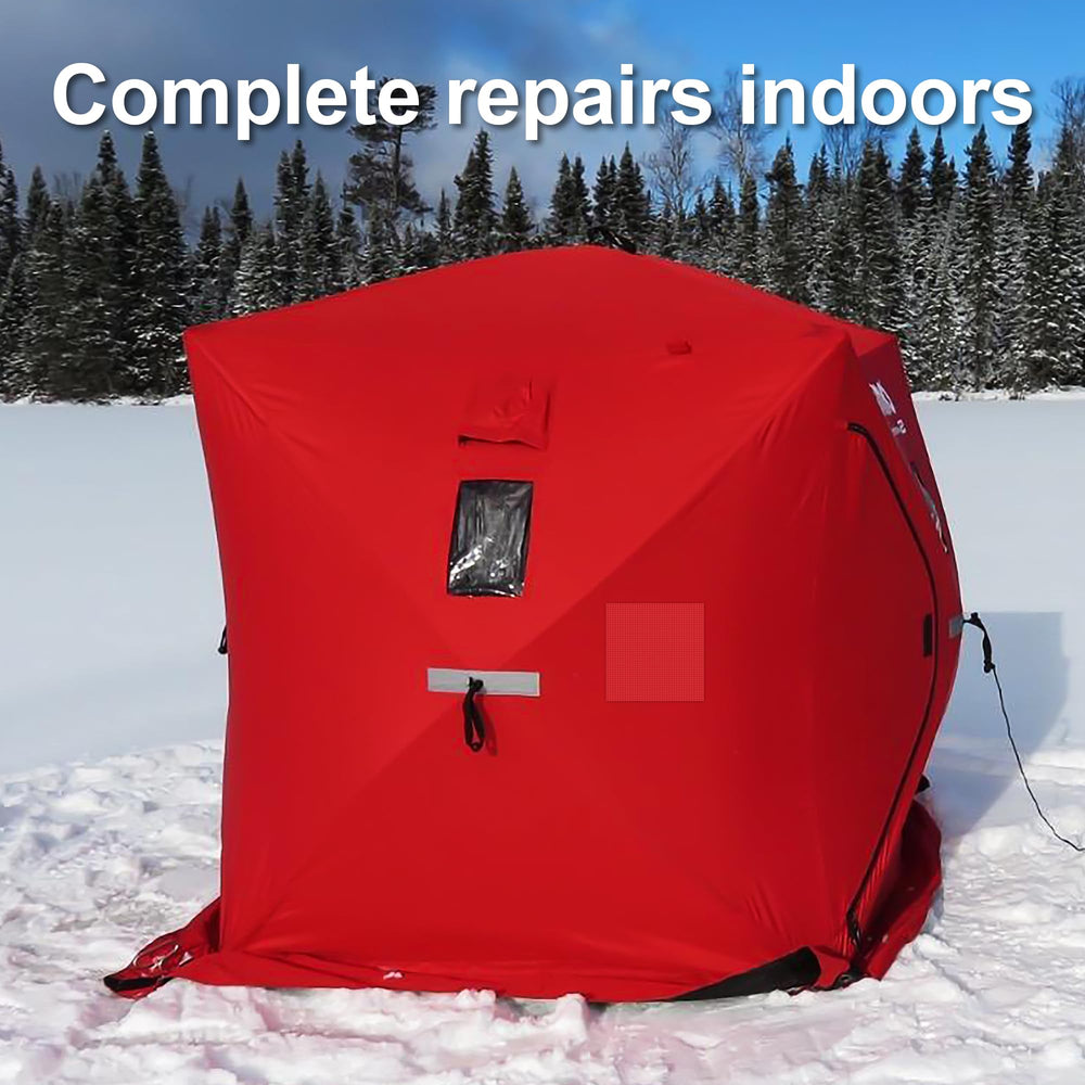 Patch being peeled and applied to an ice shelter tent