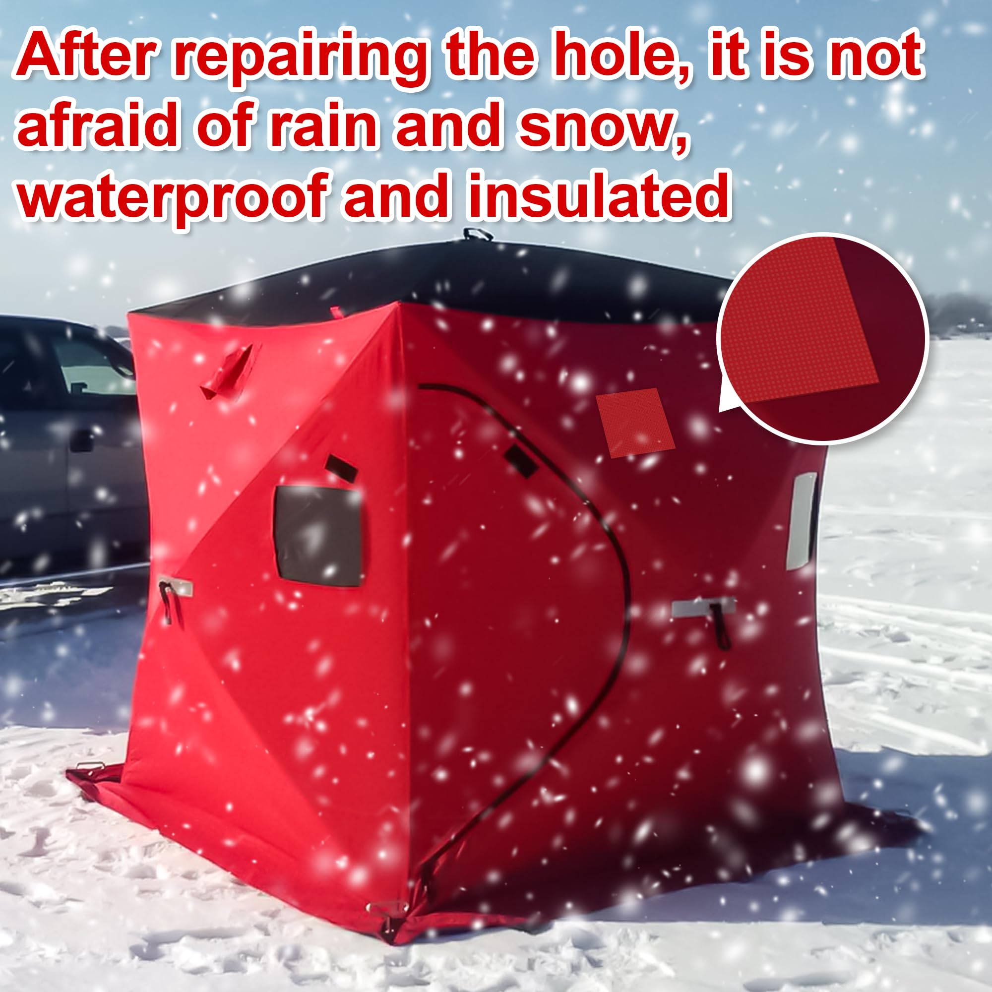 Patch kit suitable for ice fishing tents and RV awnings