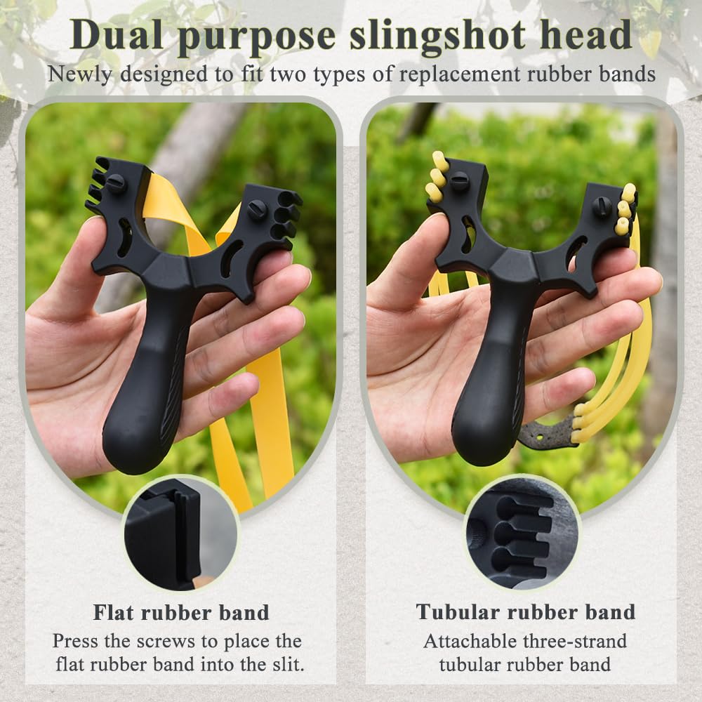 Runzkzy slingshot shows compatibility with flat and tubular bands for versatility.