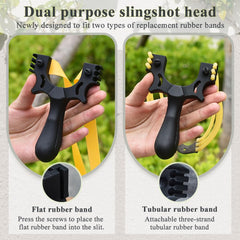Runzkzy slingshot shows compatibility with flat and tubular bands for versatility.