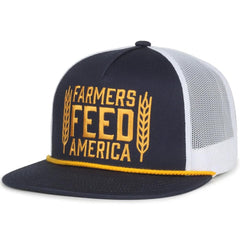 Front view of Rural Cloth Farmers Feed America hat with embroidered patch