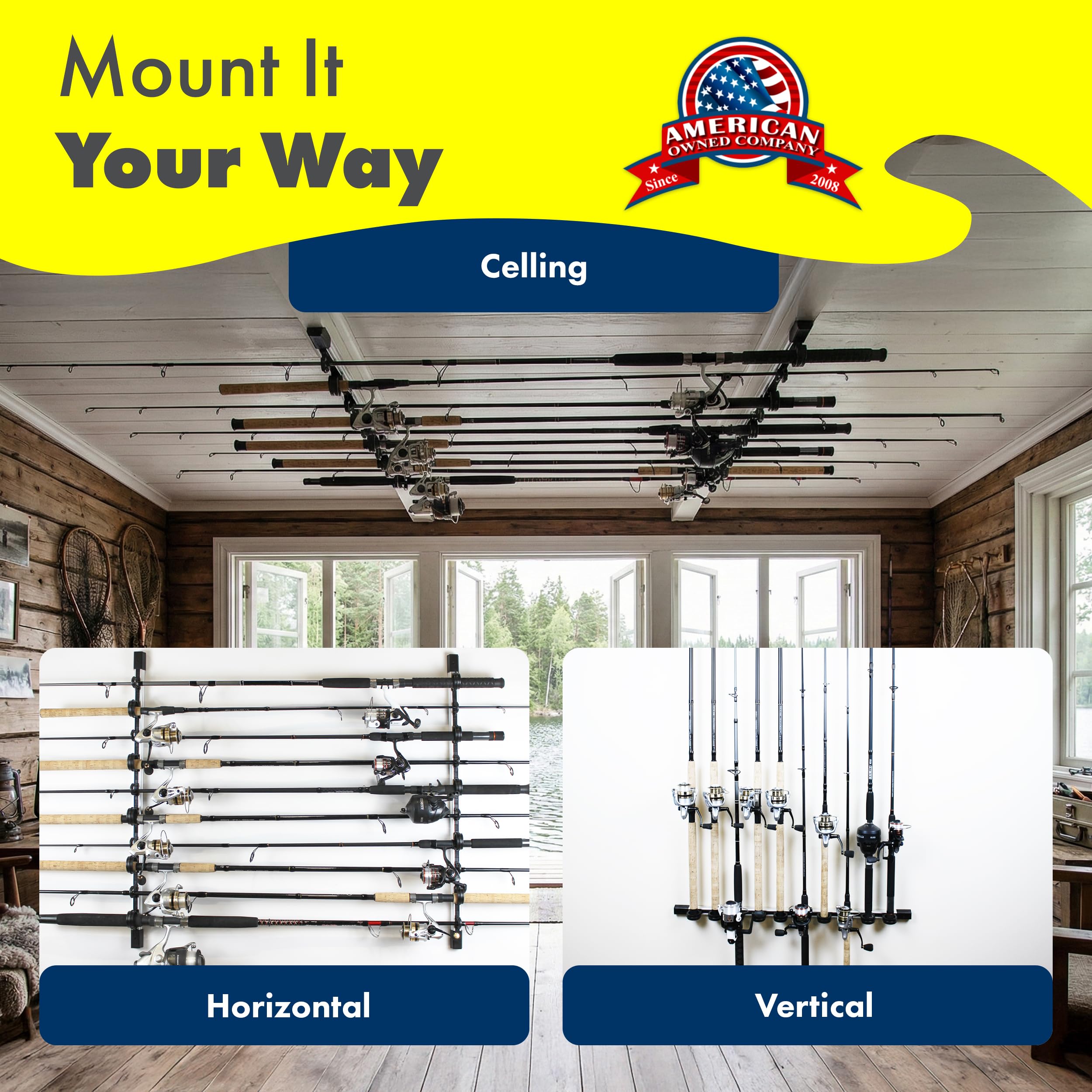 Rush Creek Creations ceiling mount saves floor space for rod storage