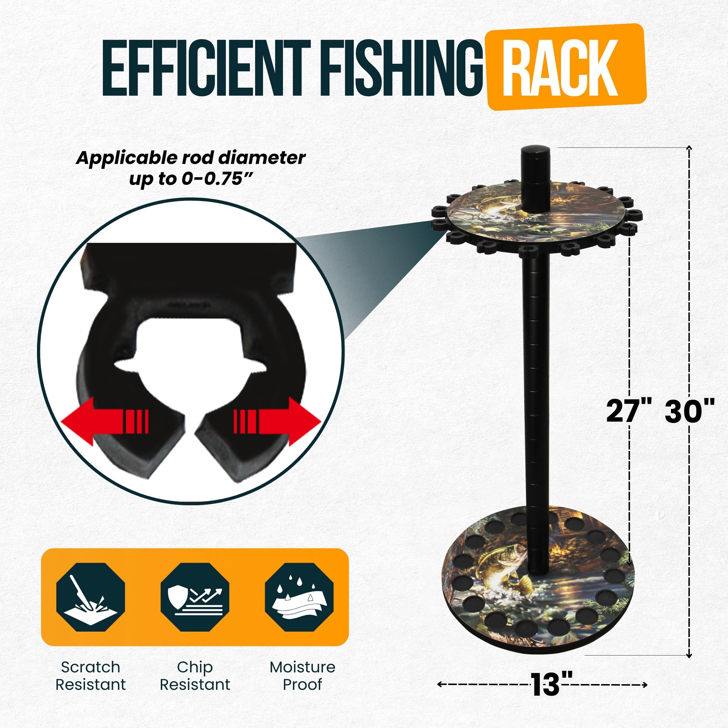 Rush Creek Creations 16-Rod Holder base plate showcases padded clips protecting gear.