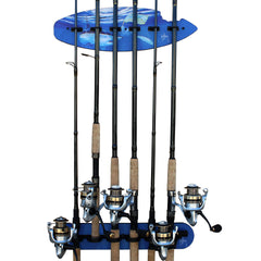 Rush Creek Creations Guy Harvey ceiling rod rack with six holders for organized storage.