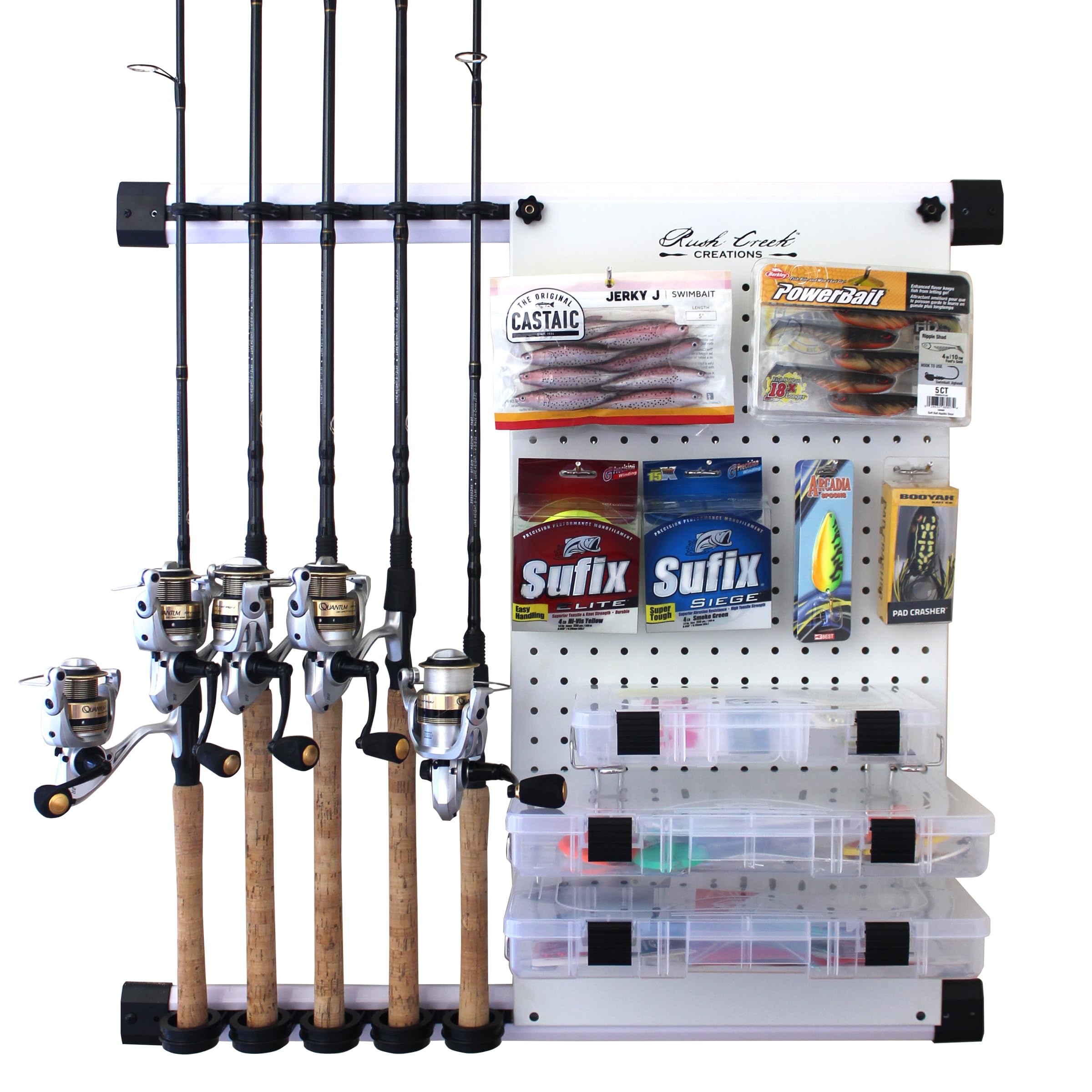 Rush Creek Creations No Limit 5-Rod wall-mount white pegboard keeps rods organized and accessible