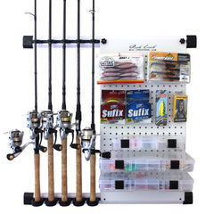 Rush Creek Creations No Limit 5-Rod wall-mount white pegboard keeps rods organized and accessible