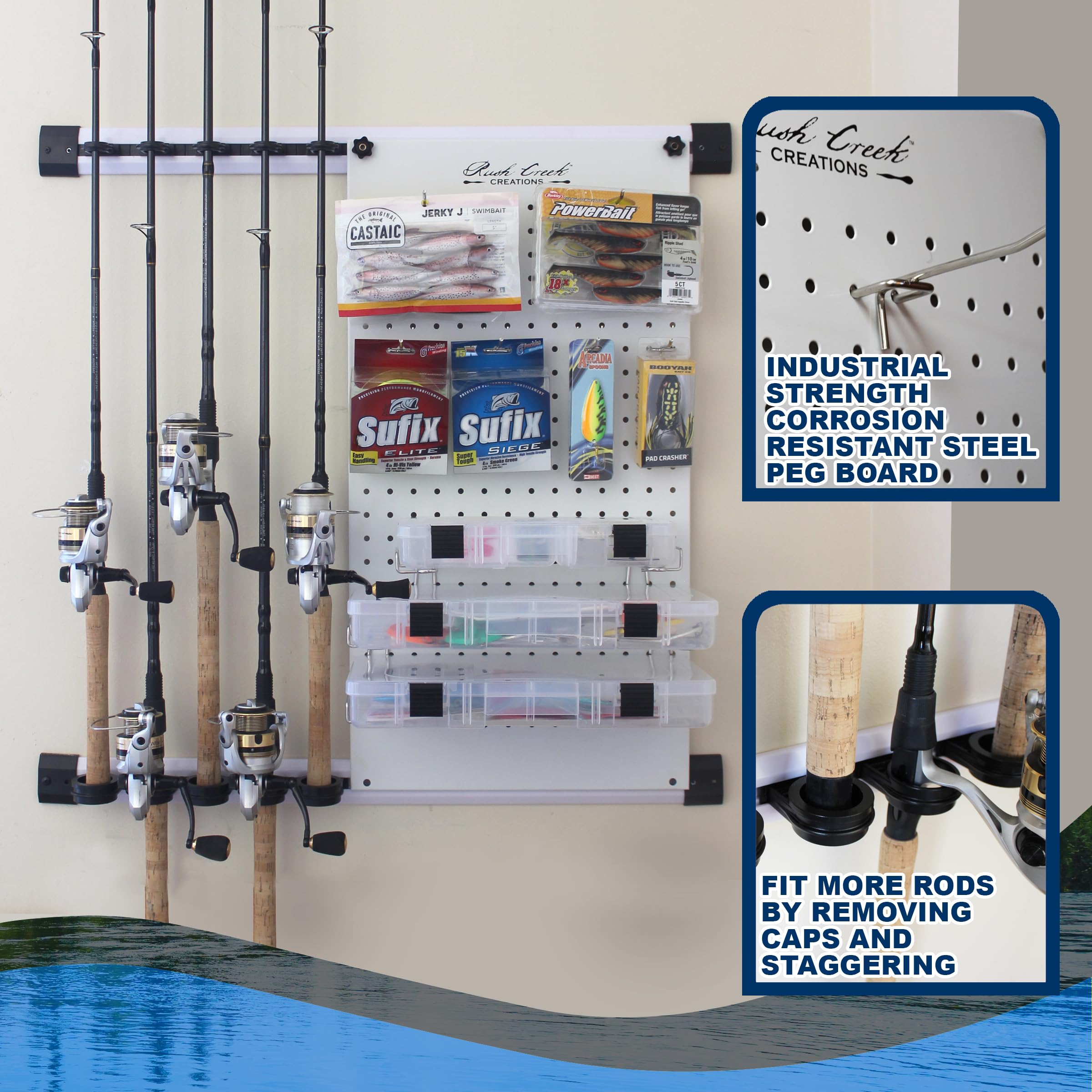 Rush Creek Creations No Limit adjustable rod track protects reels with deep handle wells