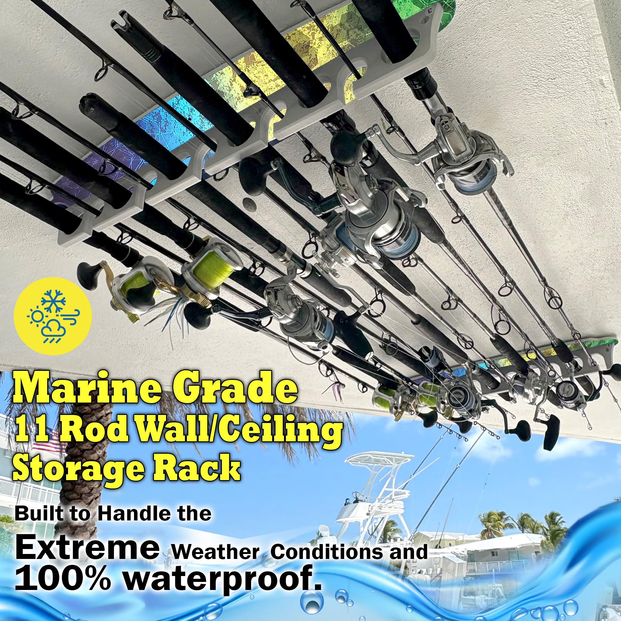 Rush Creek Creations Reel Salty ceiling-mounted rod holder keeps gear organized overhead