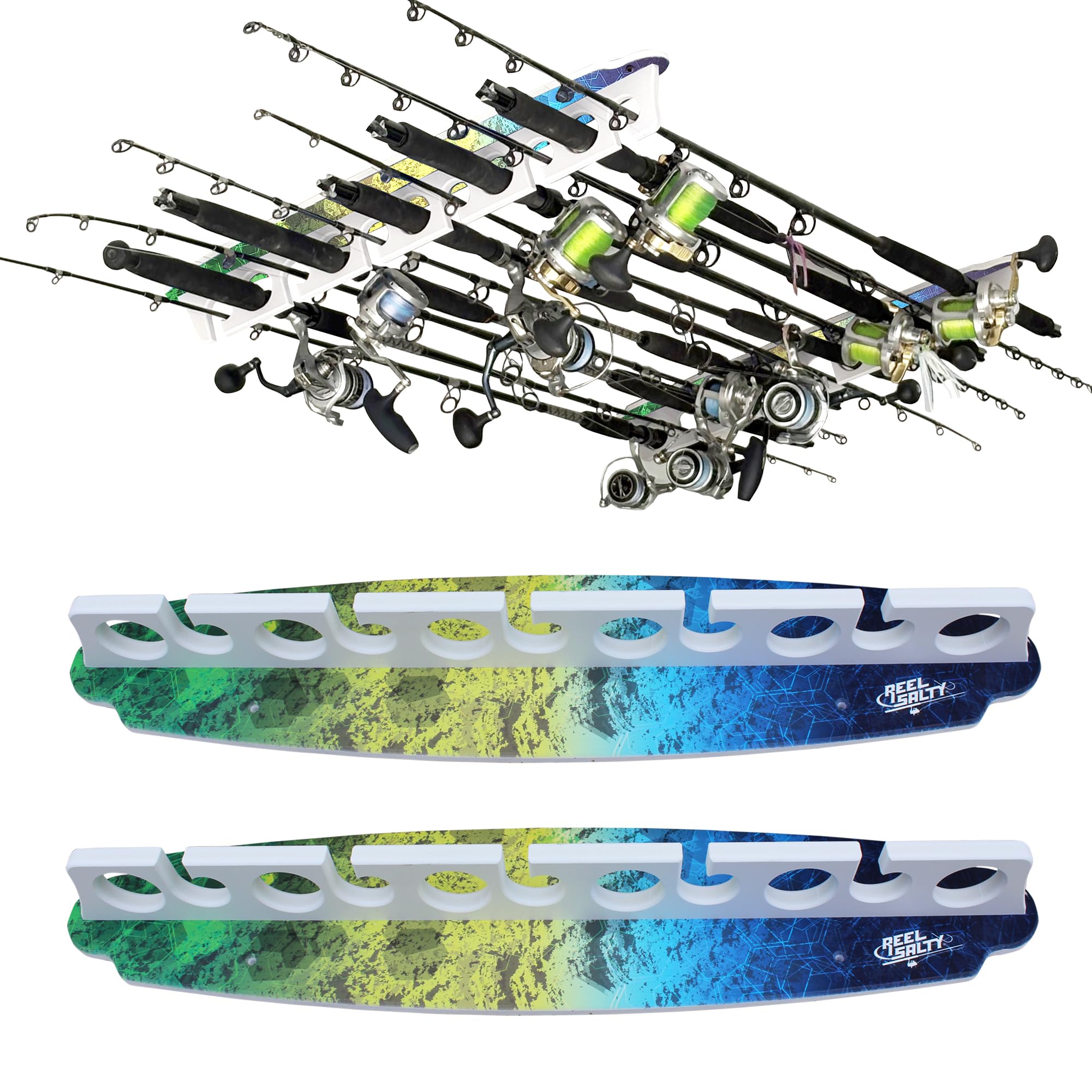 Rush Creek Creations Reel Salty wall-mounted 11-rod holder secures rods neatly