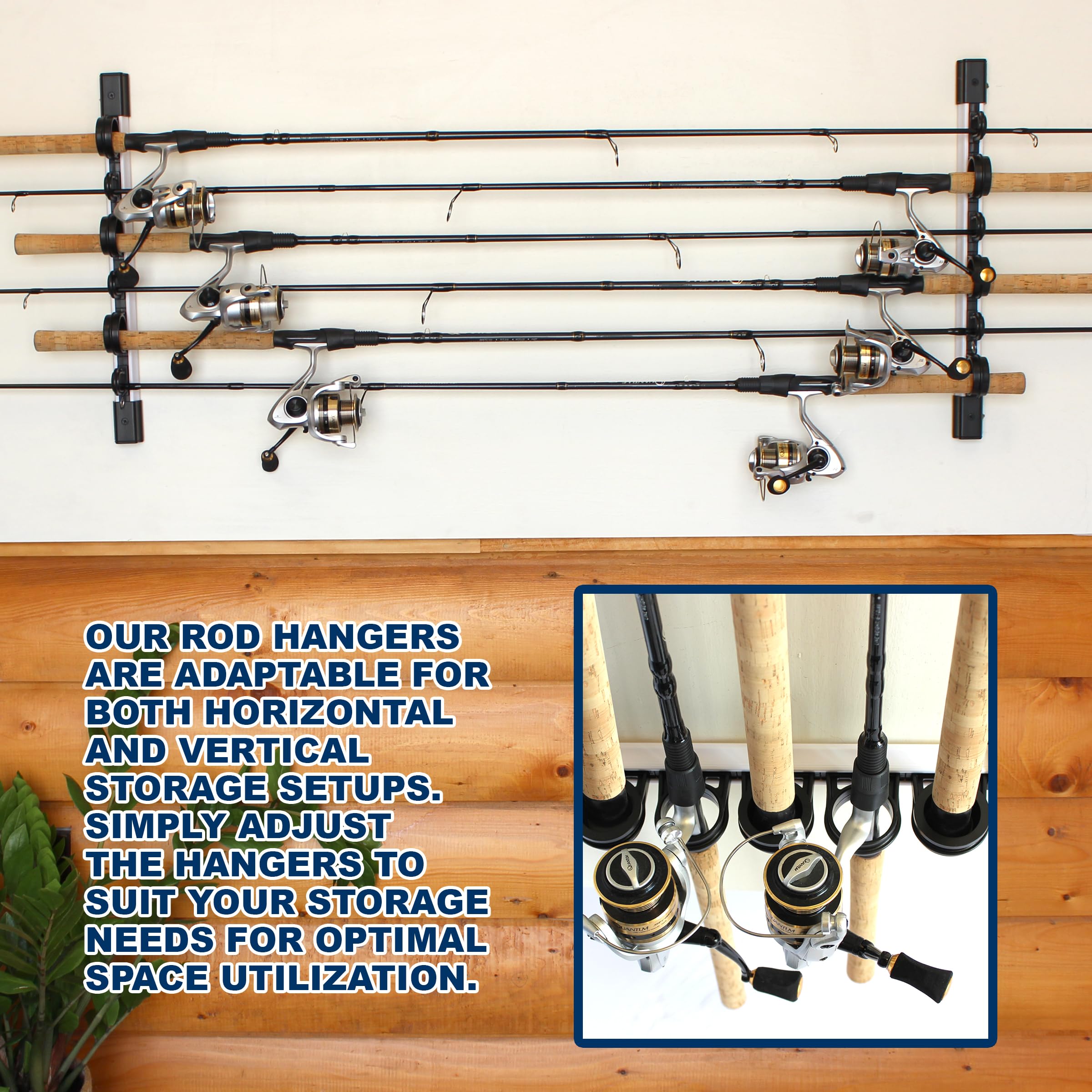 Rush Creek Creations sliding rack system offers adjustable storage for rod lengths.