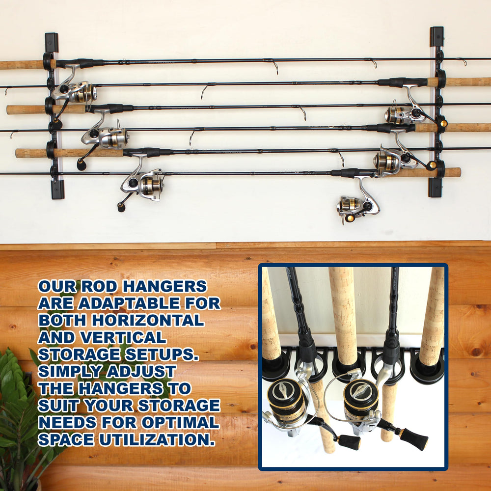 Rush Creek Creations sliding rack system offers adjustable storage for rod lengths.