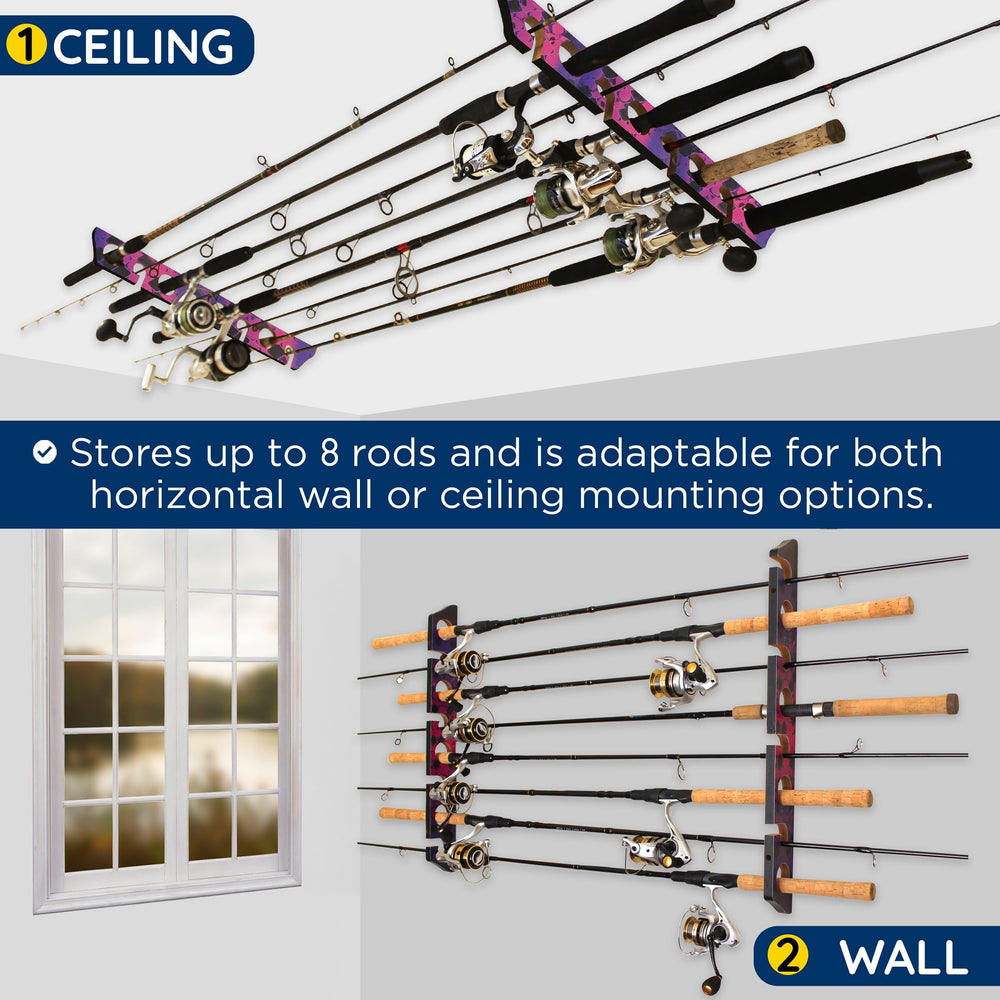 Rush Creek pink-black rack display highlights stylish organization for garage or shed.