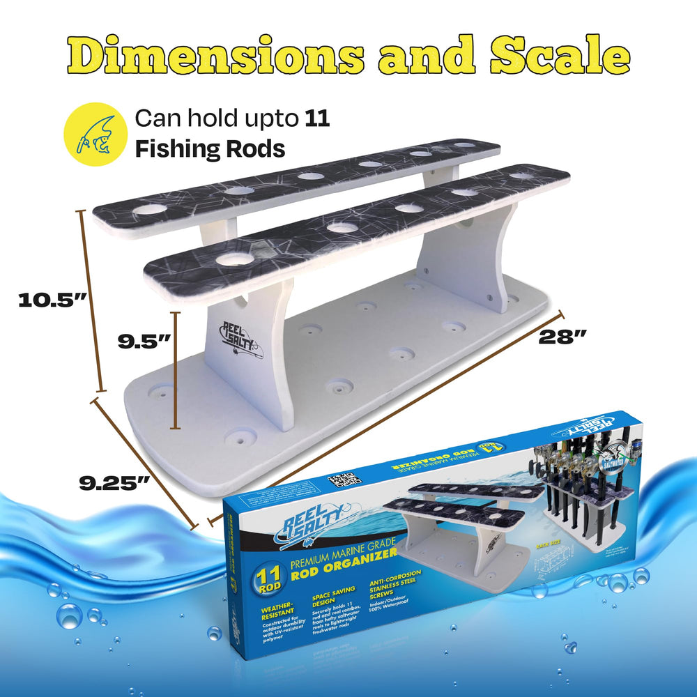 Rush Creek Reel Salty 11-rod storage with long and short handles keeps gear tidy.