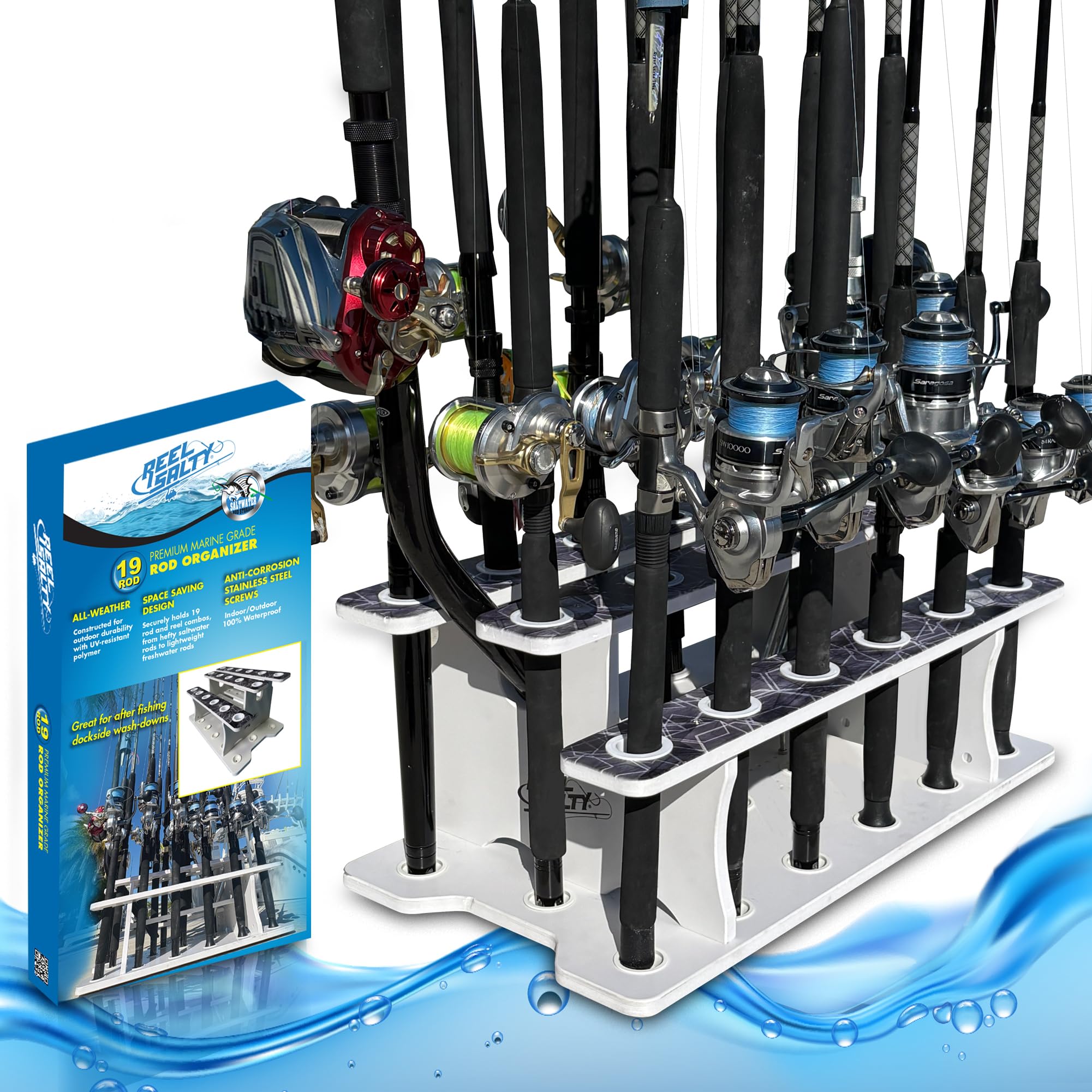 Rush Creek Reel Salty 19-Rod Holder front view showing tri-level design