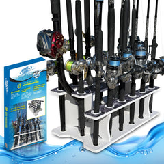 Rush Creek Reel Salty 19-Rod Holder front view showing tri-level design