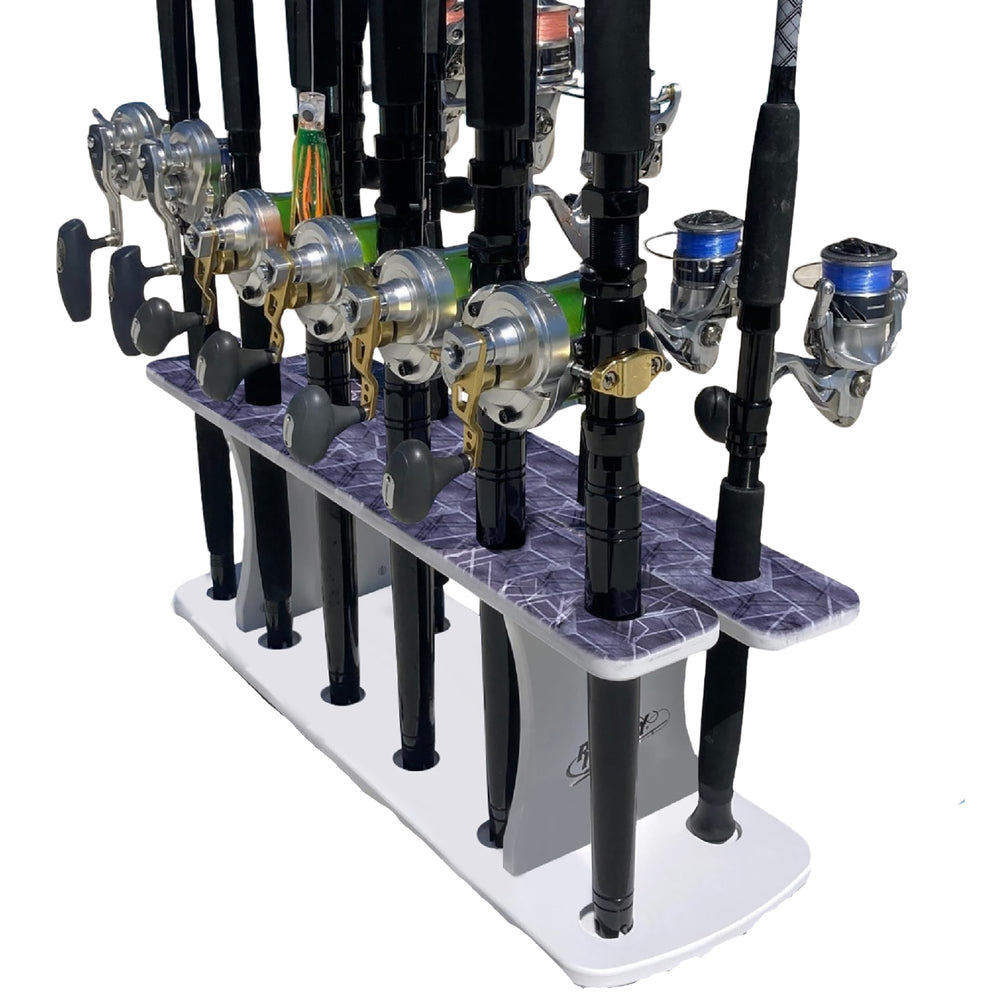 Rush Creek Reel Salty bi-level design rod holder supports 11 rods for organized storage.