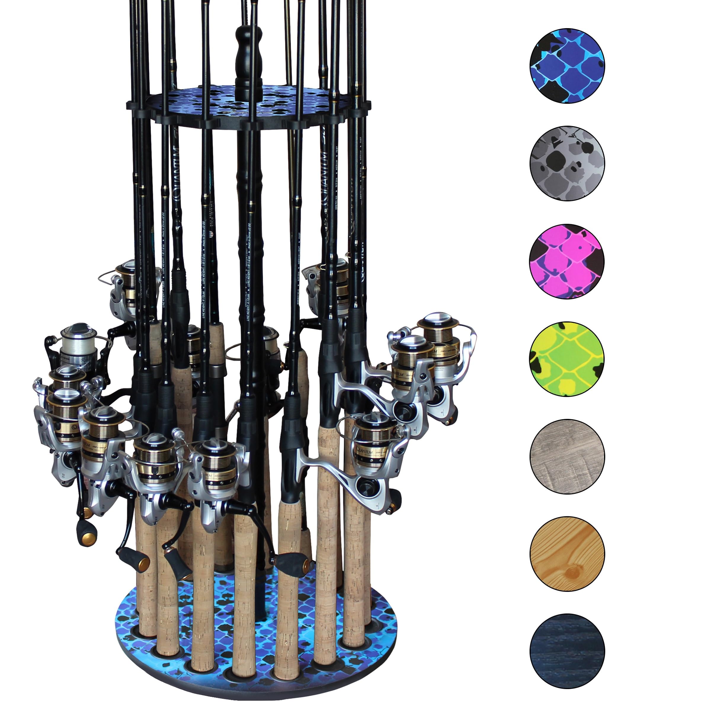 Rush Creek Creations round rod holder with 16 clips keeps freshwater rods organized.