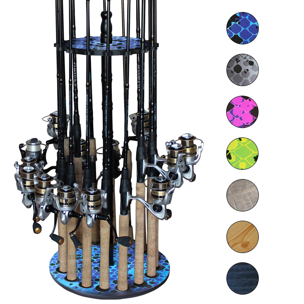 Rush Creek Creations round rod holder with 16 clips keeps freshwater rods organized.