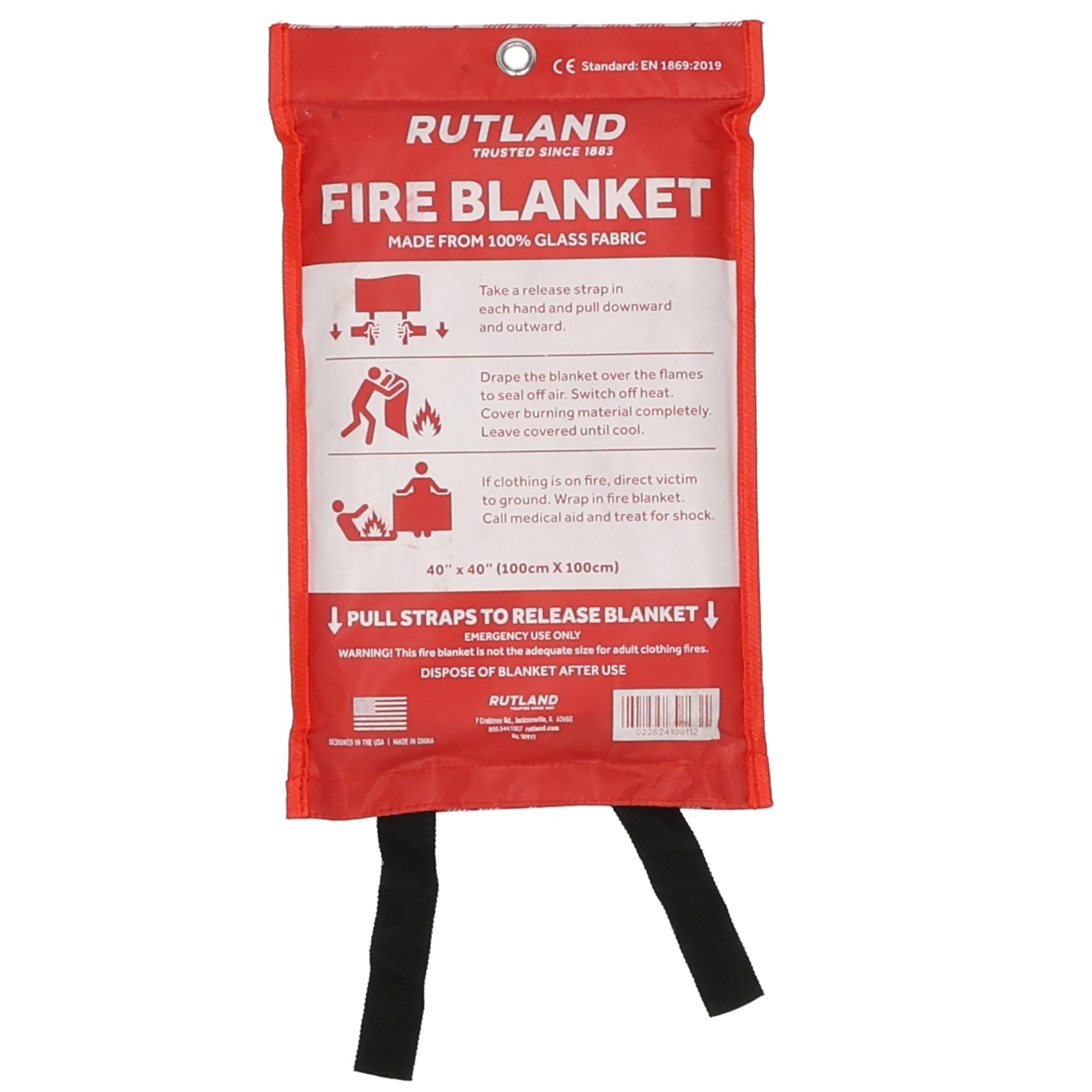 Rutland Fire Blanket CE-certified EN 1896 2019 for safety standards.