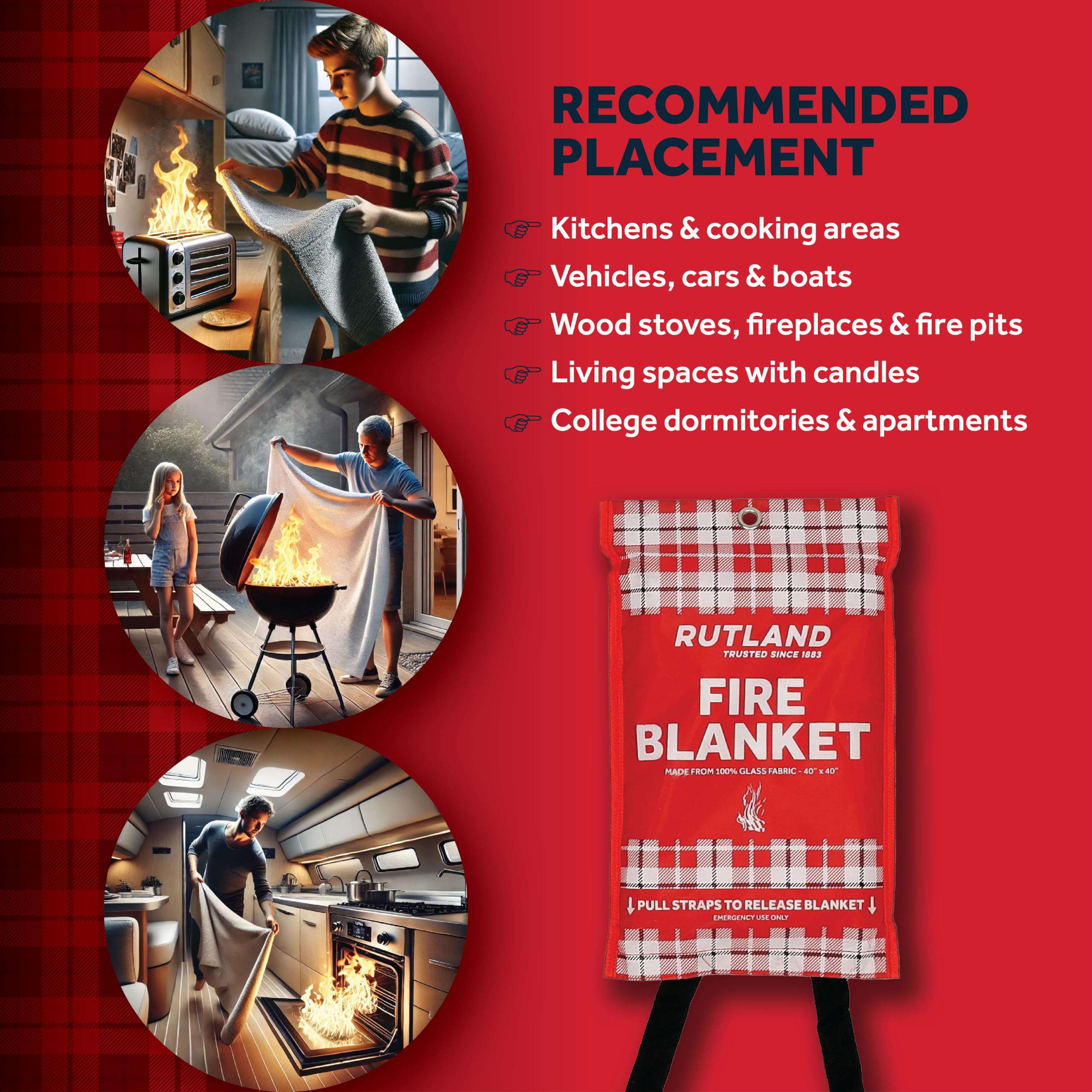 Rutland Fire Blanket placed in kitchen for grease fire containment.