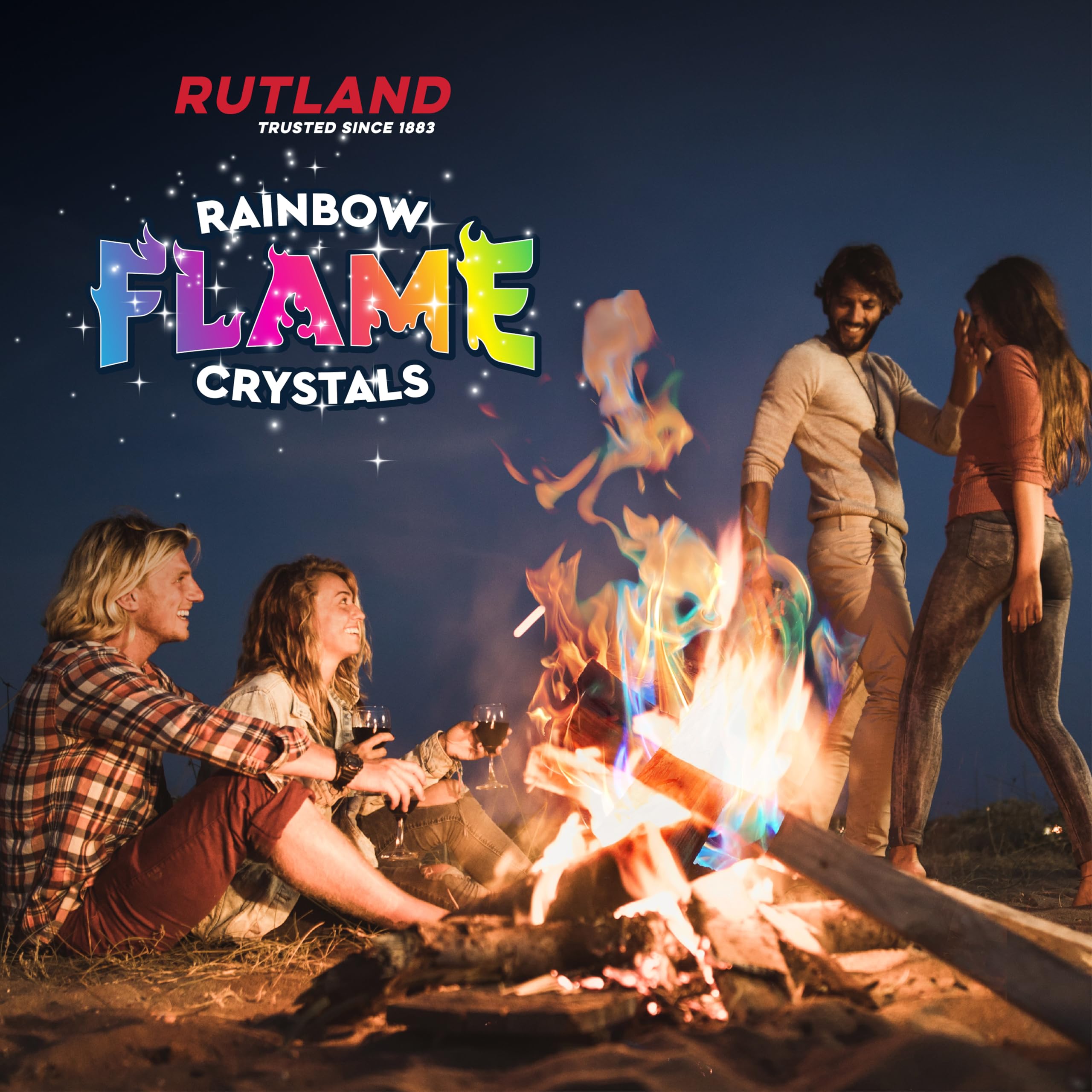 Rutland Rainbow Flame Crystals camping-fire addition keeps colors vivid through the night