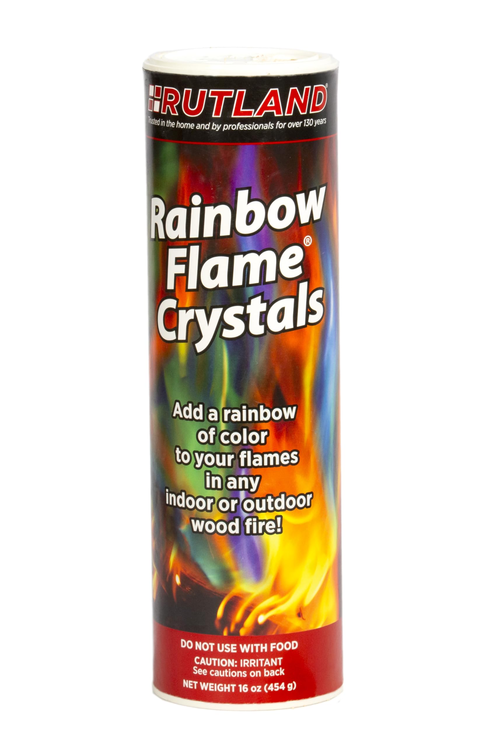 Rutland Rainbow Flame Crystals canister showing vibrant blue, green, and purple flames
